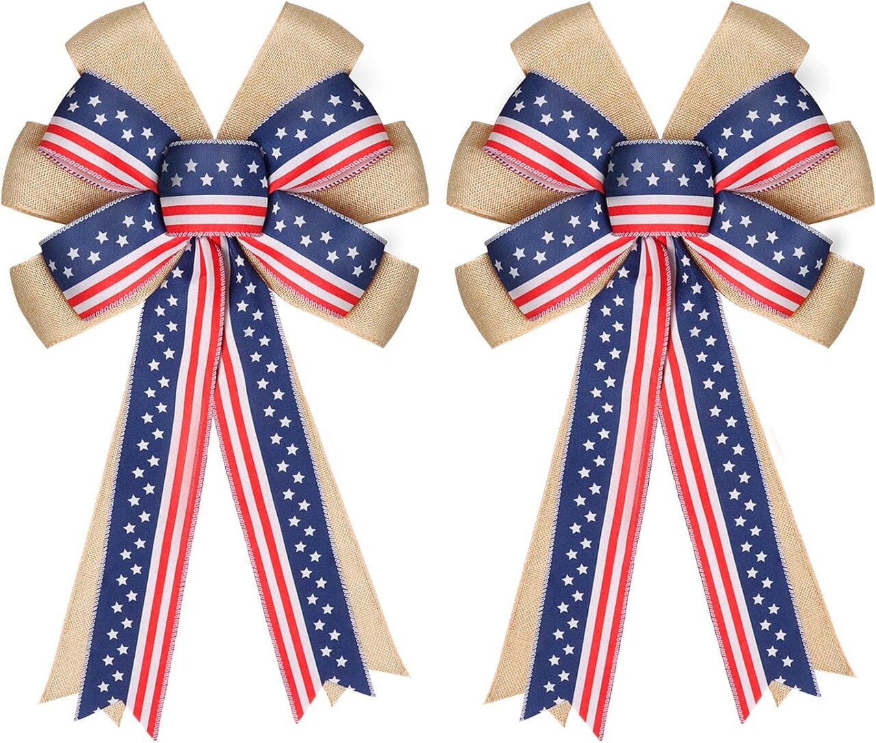 2 Pcs 4th of July Decor Bow for Wreath,Red White Blue Stripe Stars and Burlap Tree Topper Bows for Patriotic,Independence Day,Memorial Day,Veteran's Day,Outdoor Decorations
